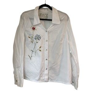 La‎ Blend Women’s Top Sz L Embroidered Embellished White Button Down Cotton Art